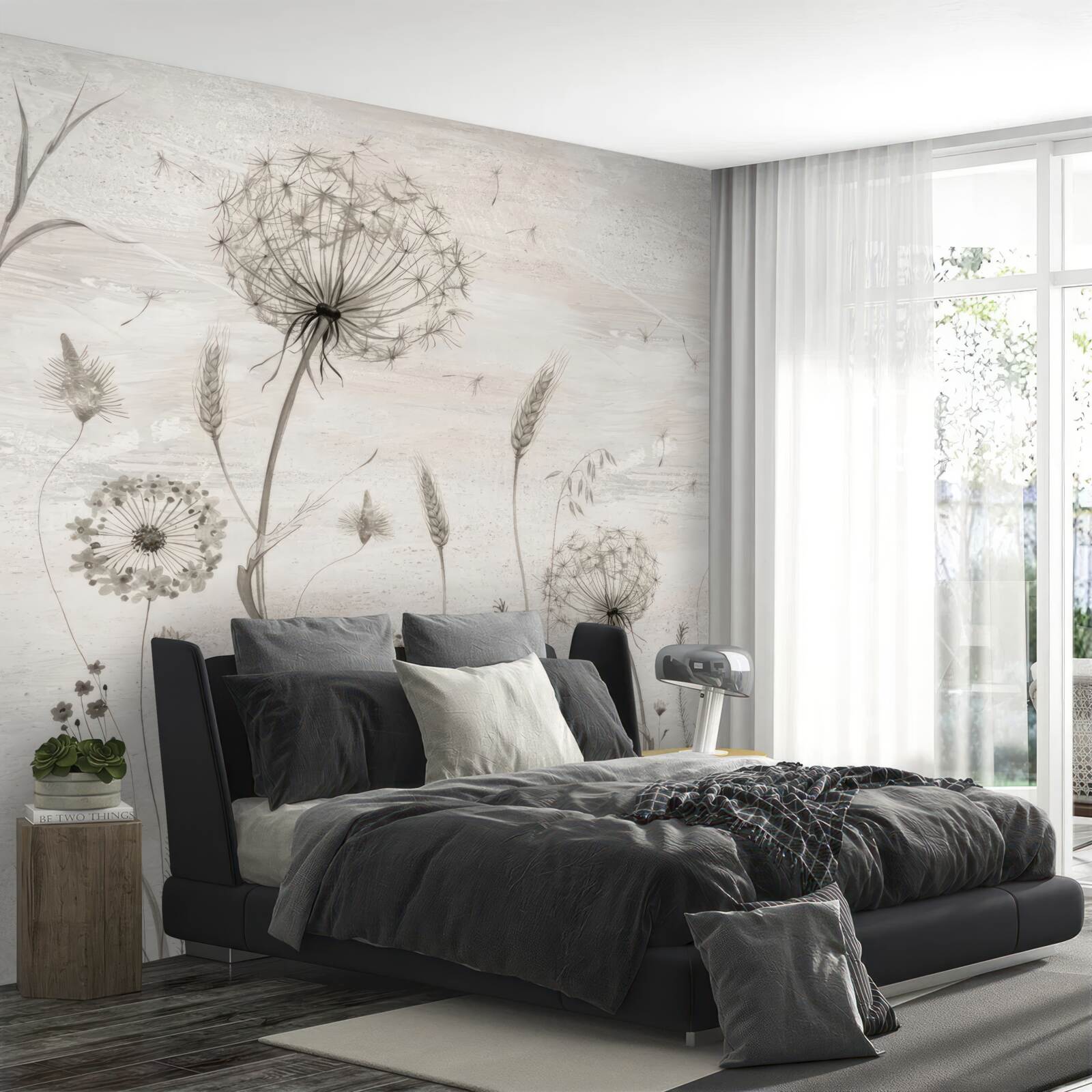 Fotobehang illustratie paardenbloem en tarwearen