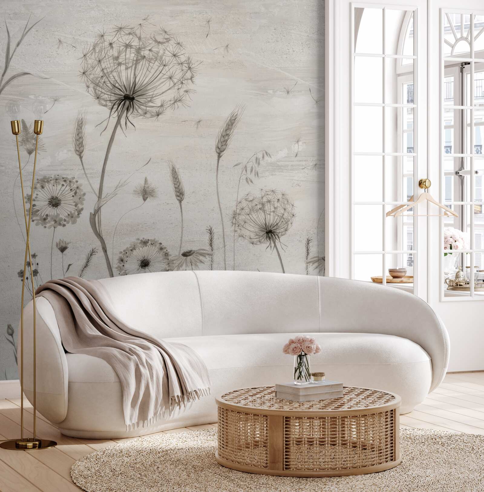 Fotobehang illustratie paardenbloem en tarwearen