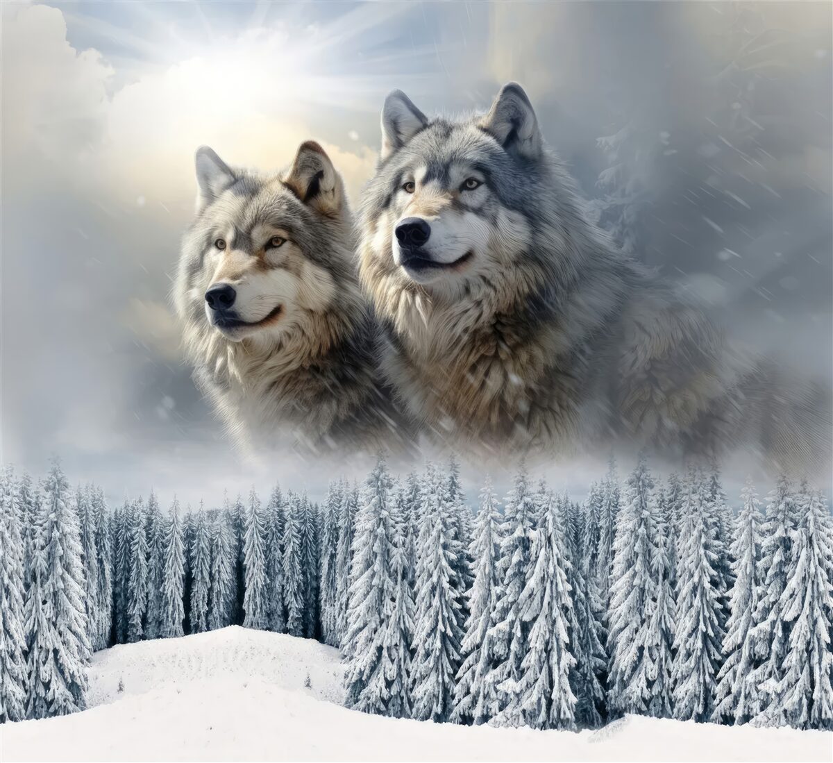 Fotobehang twee wolven tegen de achtergrond van een besneeuwd bos