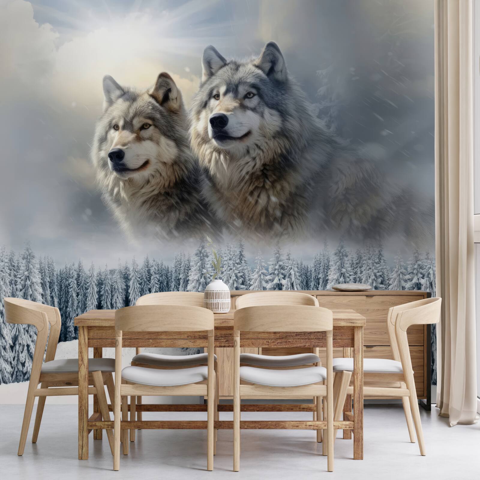 Fotobehang twee wolven tegen de achtergrond van een besneeuwd bos