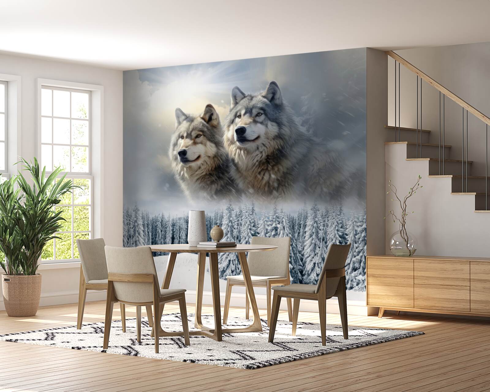 Fotobehang twee wolven tegen de achtergrond van een besneeuwd bos