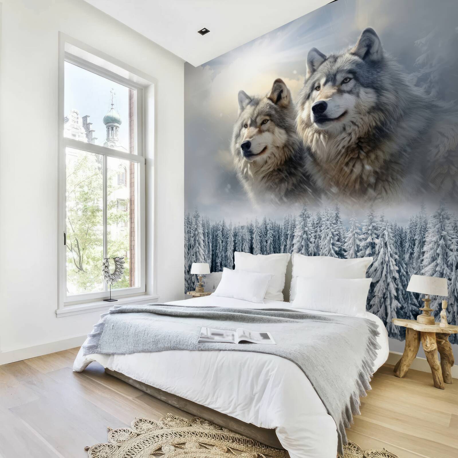 Fotobehang twee wolven tegen de achtergrond van een besneeuwd bos