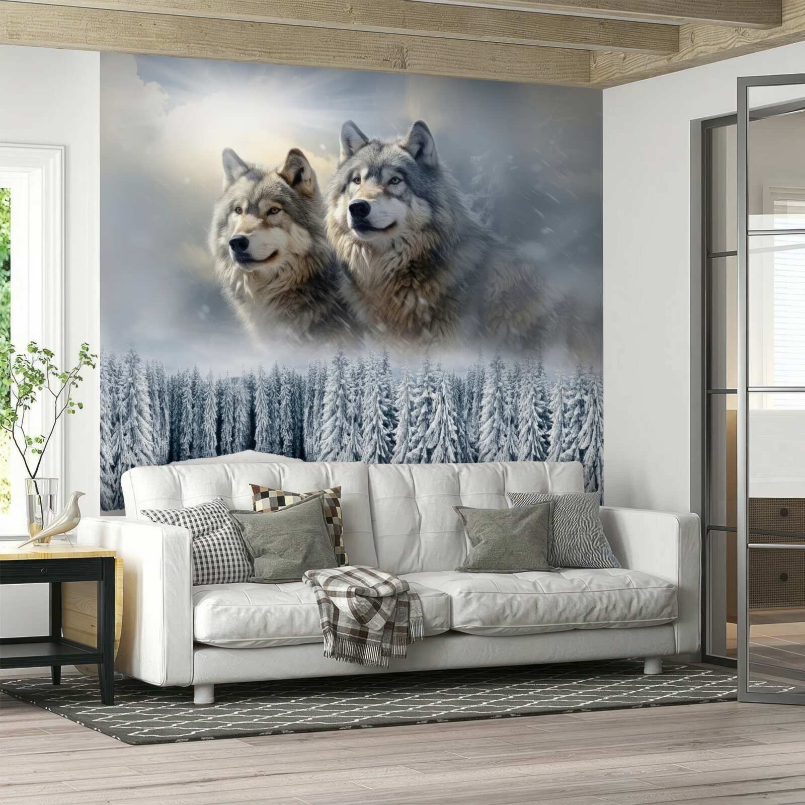 Fotobehang twee wolven tegen de achtergrond van een besneeuwd bos