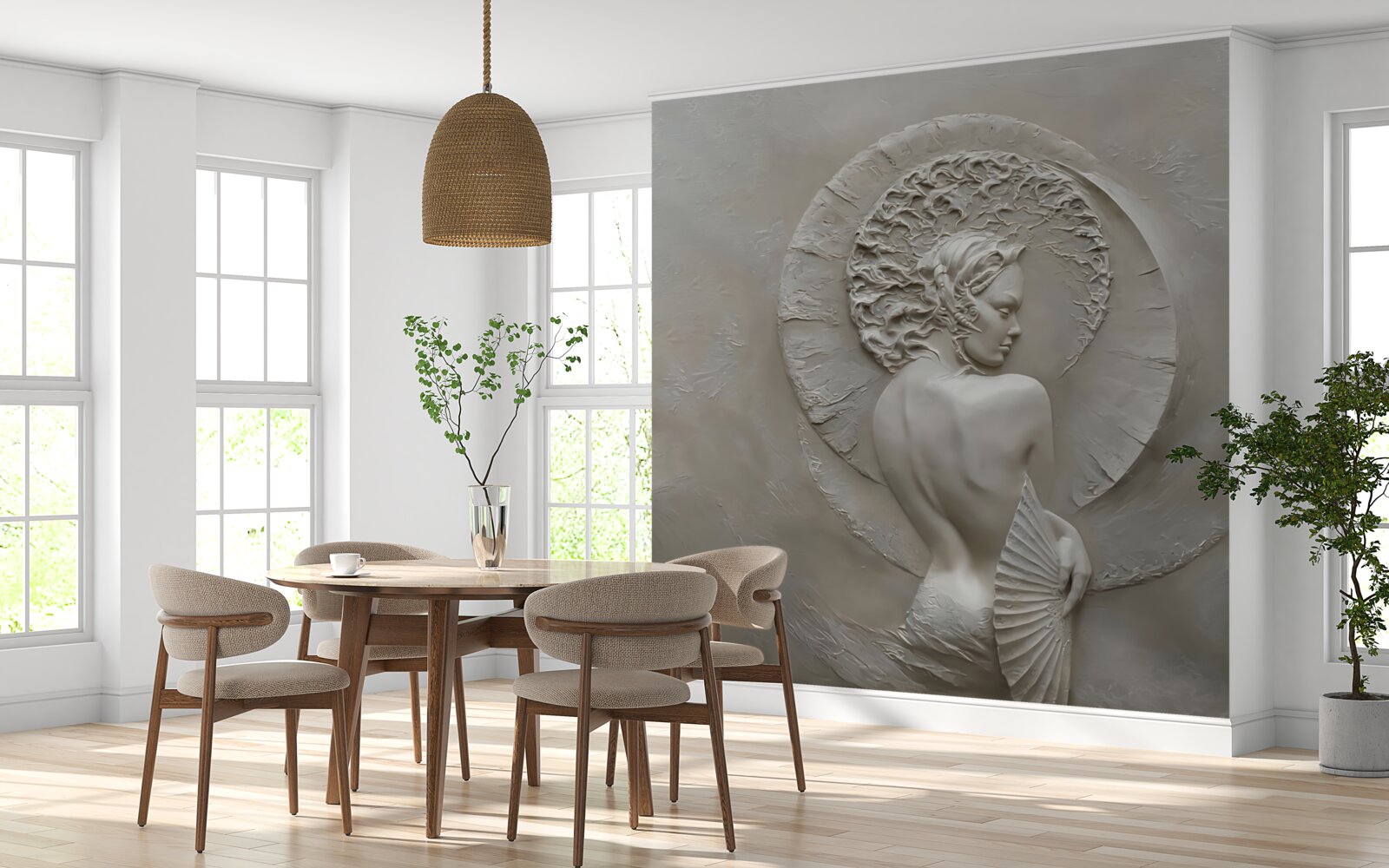 Fotobehang meisje verbergt haar gezicht achter een waaier