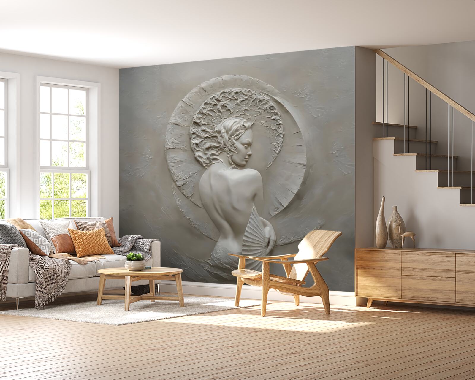 Fotobehang meisje verbergt haar gezicht achter een waaier