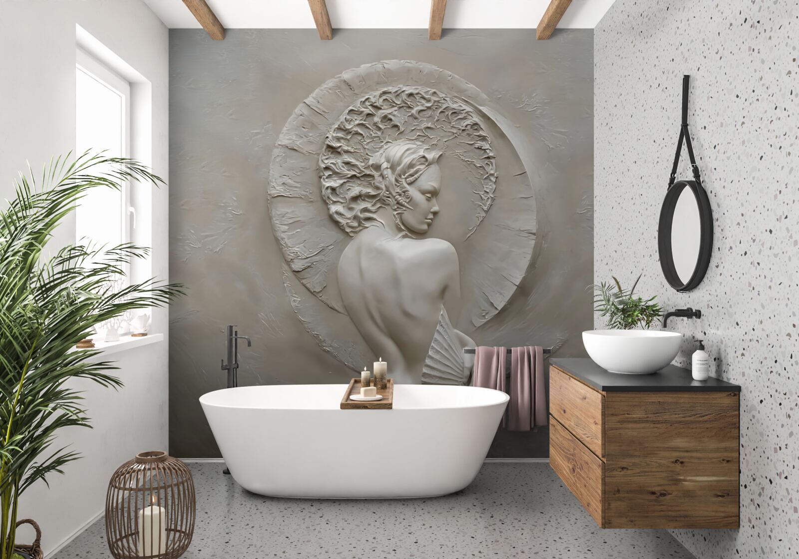 Fotobehang meisje verbergt haar gezicht achter een waaier