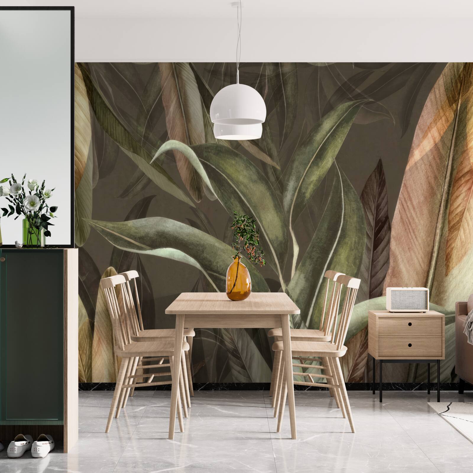 Fotobehang bladeren in bruin- en groentinten