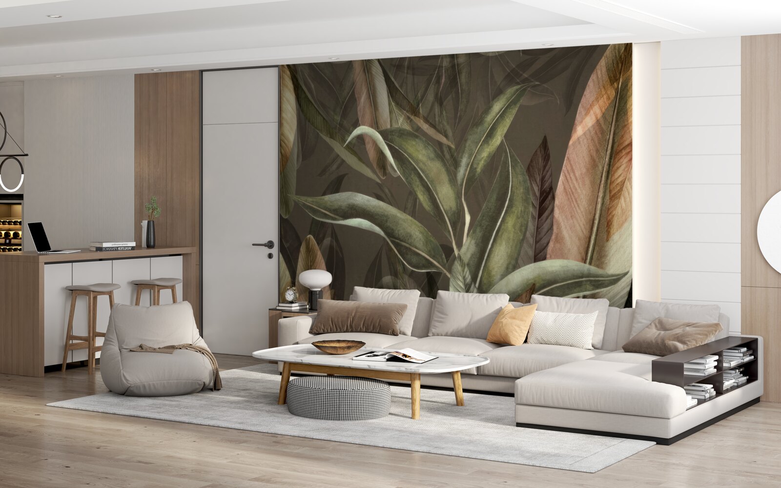 Fotobehang bladeren in bruin- en groentinten