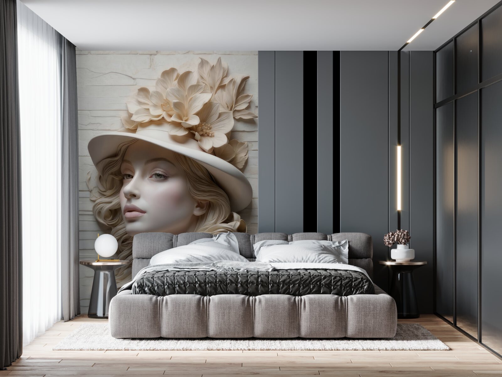 Fotobehang aantrekkelijke dame met een hoed versierd met bloemen