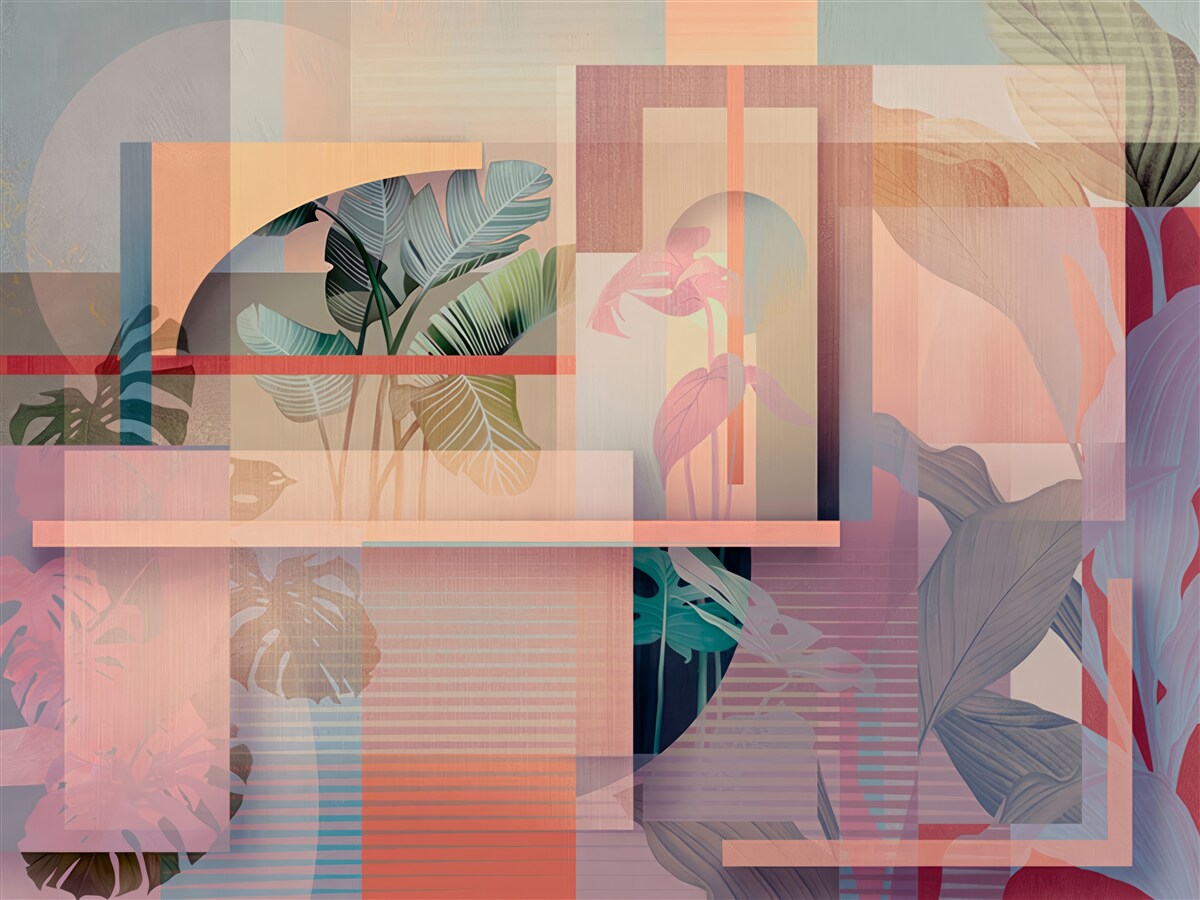 Fotobehang achtergrond met vegetatie-elementen en geometrische vormen