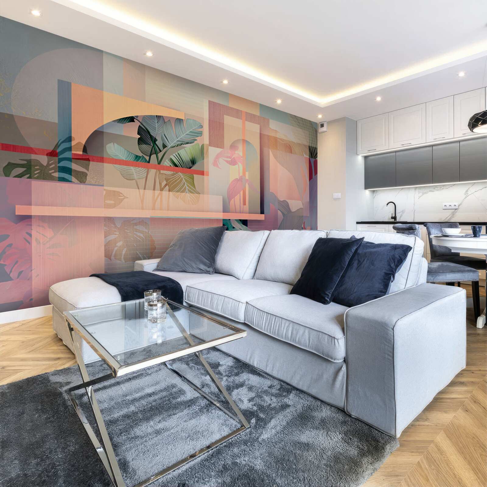 Fotobehang achtergrond met vegetatie-elementen en geometrische vormen