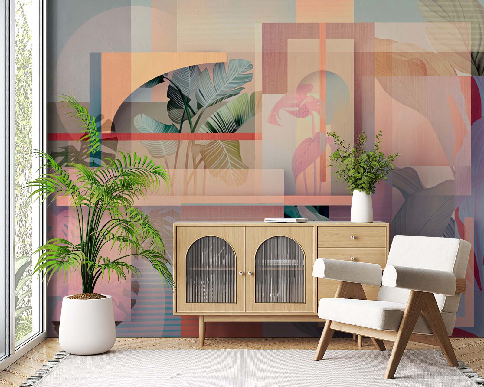 Fotobehang achtergrond met vegetatie-elementen en geometrische vormen