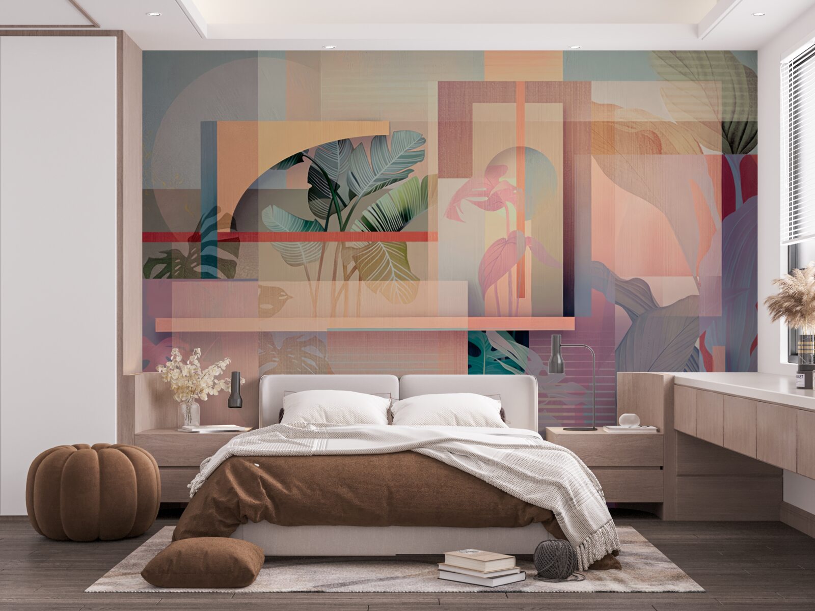 Fotobehang achtergrond met vegetatie-elementen en geometrische vormen