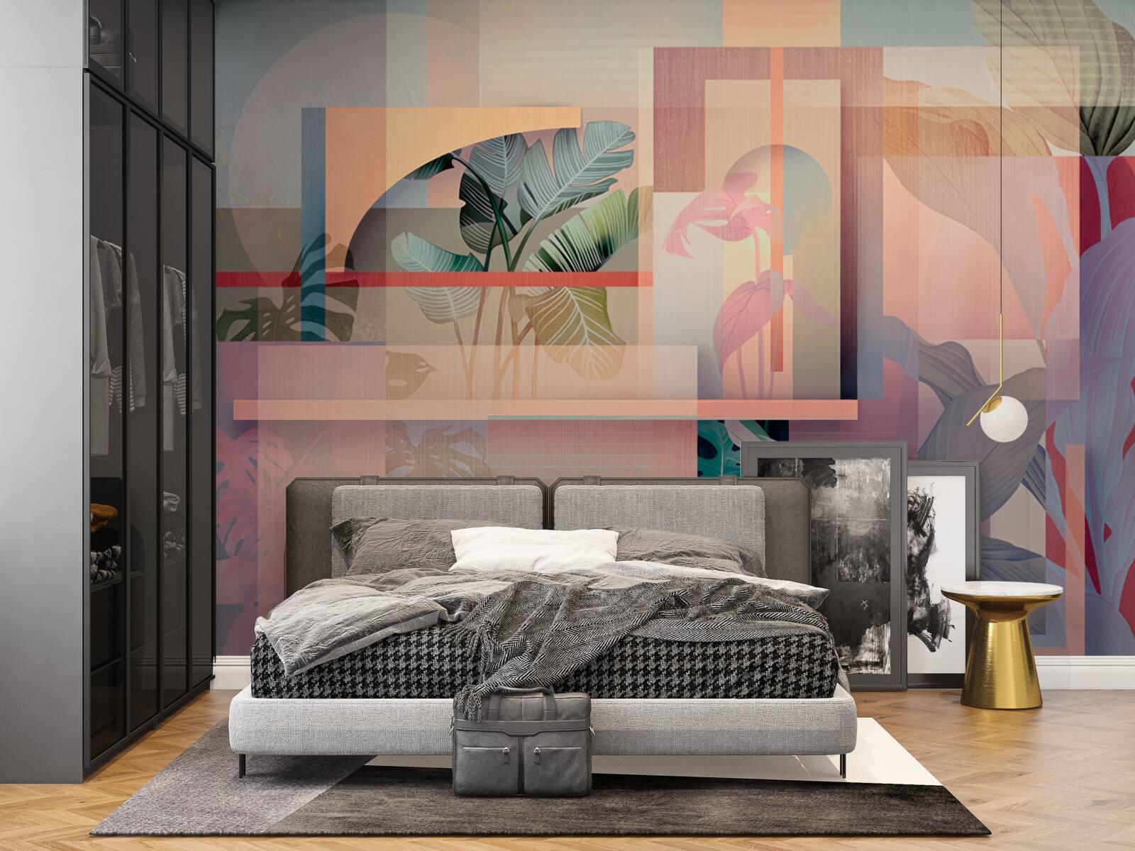 Fotobehang achtergrond met vegetatie-elementen en geometrische vormen