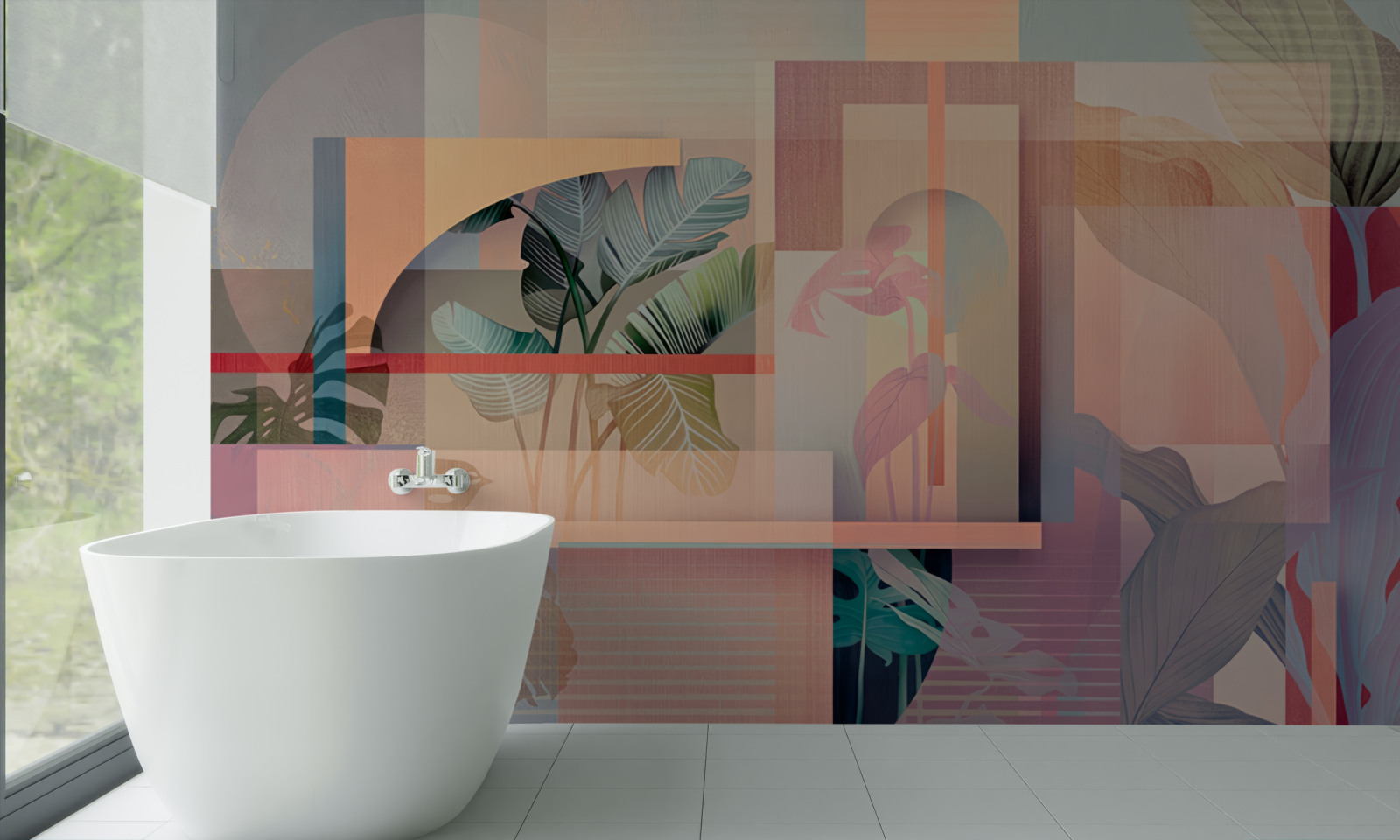 Fotobehang achtergrond met vegetatie-elementen en geometrische vormen