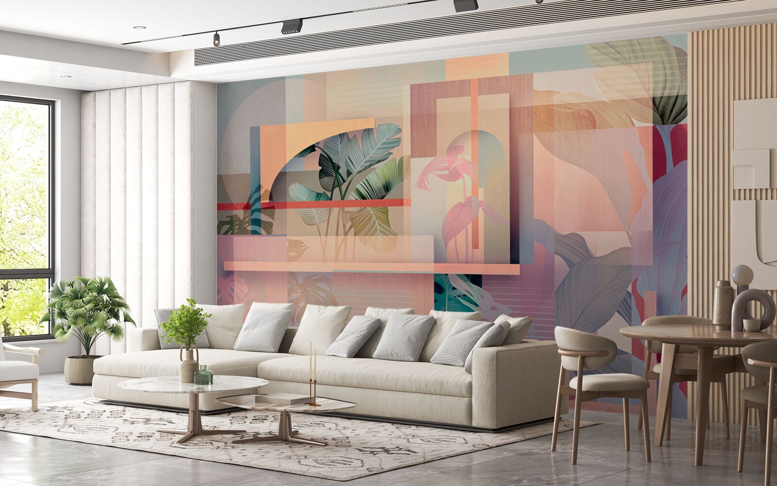 Fotobehang achtergrond met vegetatie-elementen en geometrische vormen