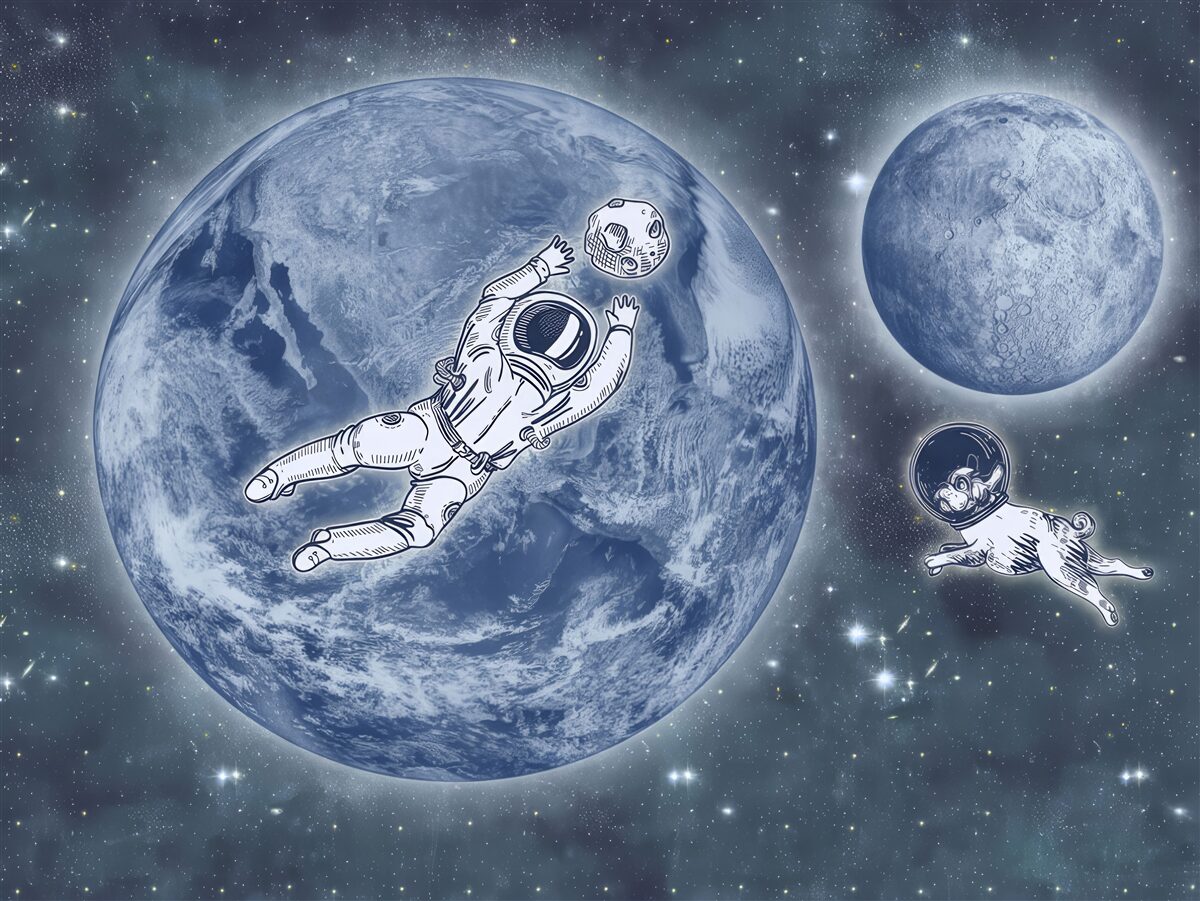 Fotobehang astronaut en hond vliegen de ruimte in