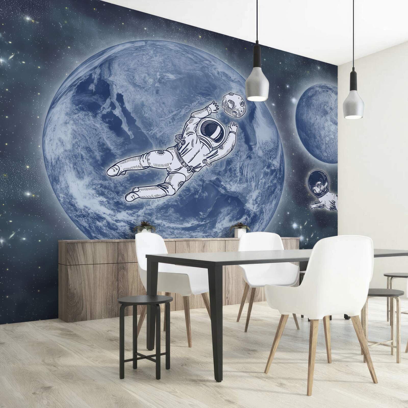 Fotobehang astronaut en hond vliegen de ruimte in