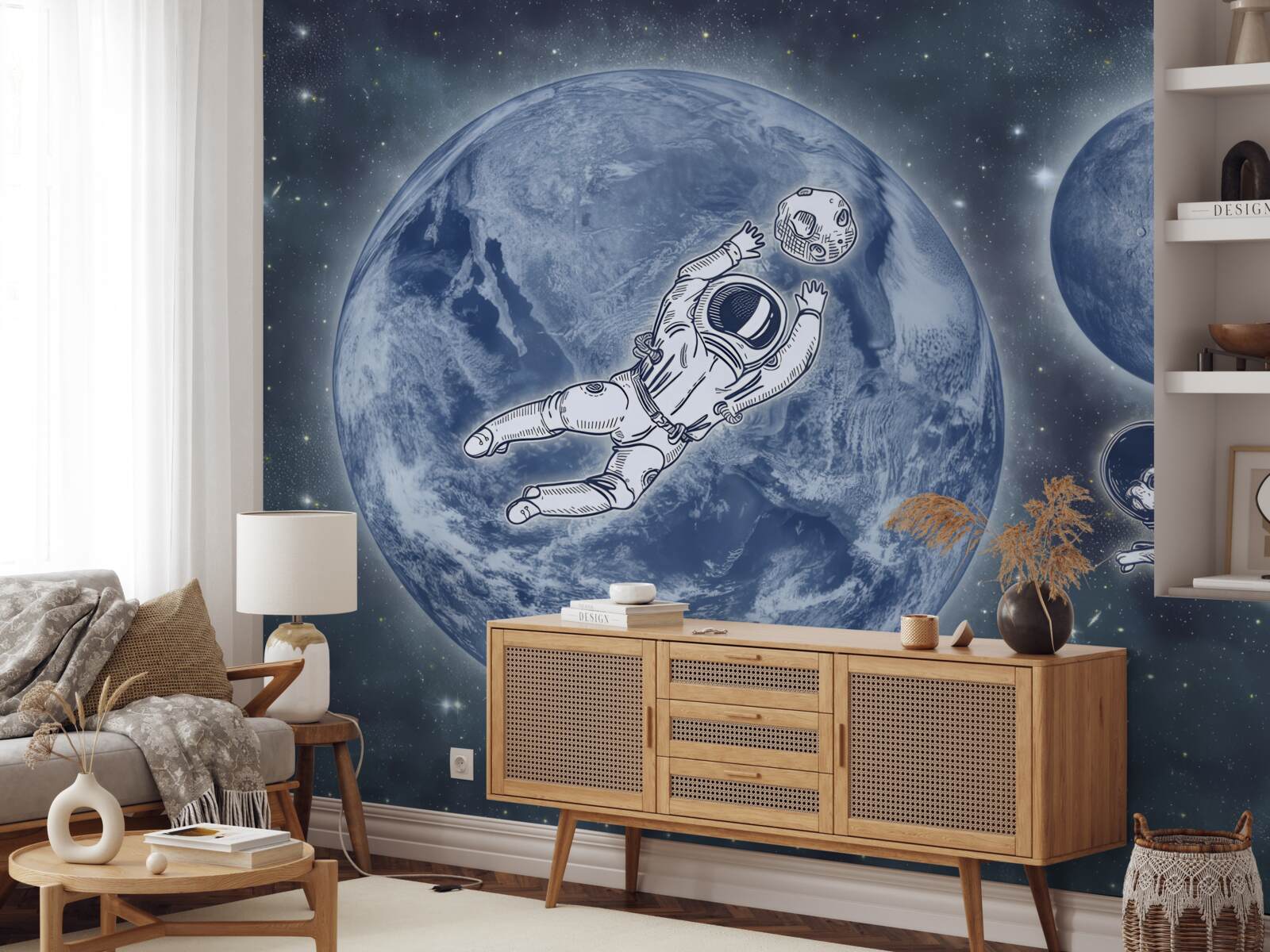 Fotobehang astronaut en hond vliegen de ruimte in