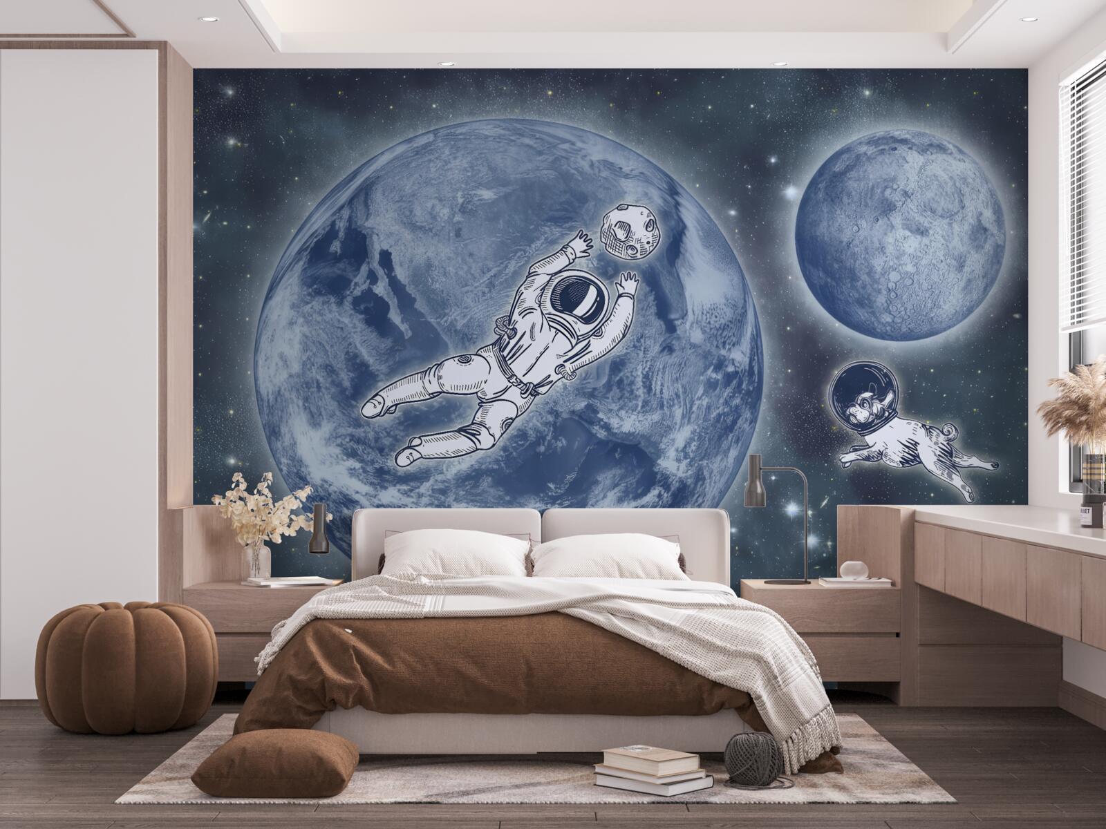 Fotobehang astronaut en hond vliegen de ruimte in