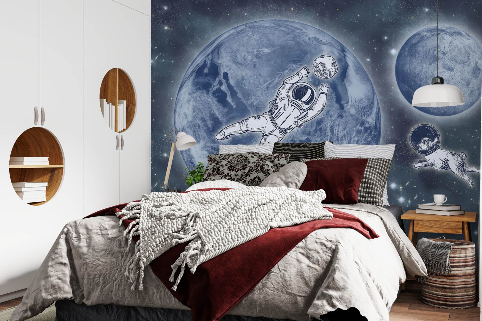 Fotobehang astronaut en hond vliegen de ruimte in