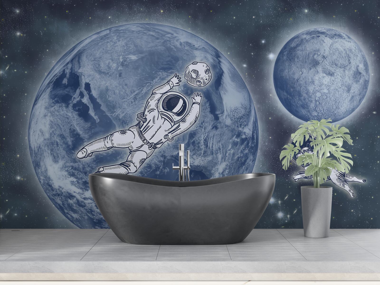 Fotobehang astronaut en hond vliegen de ruimte in