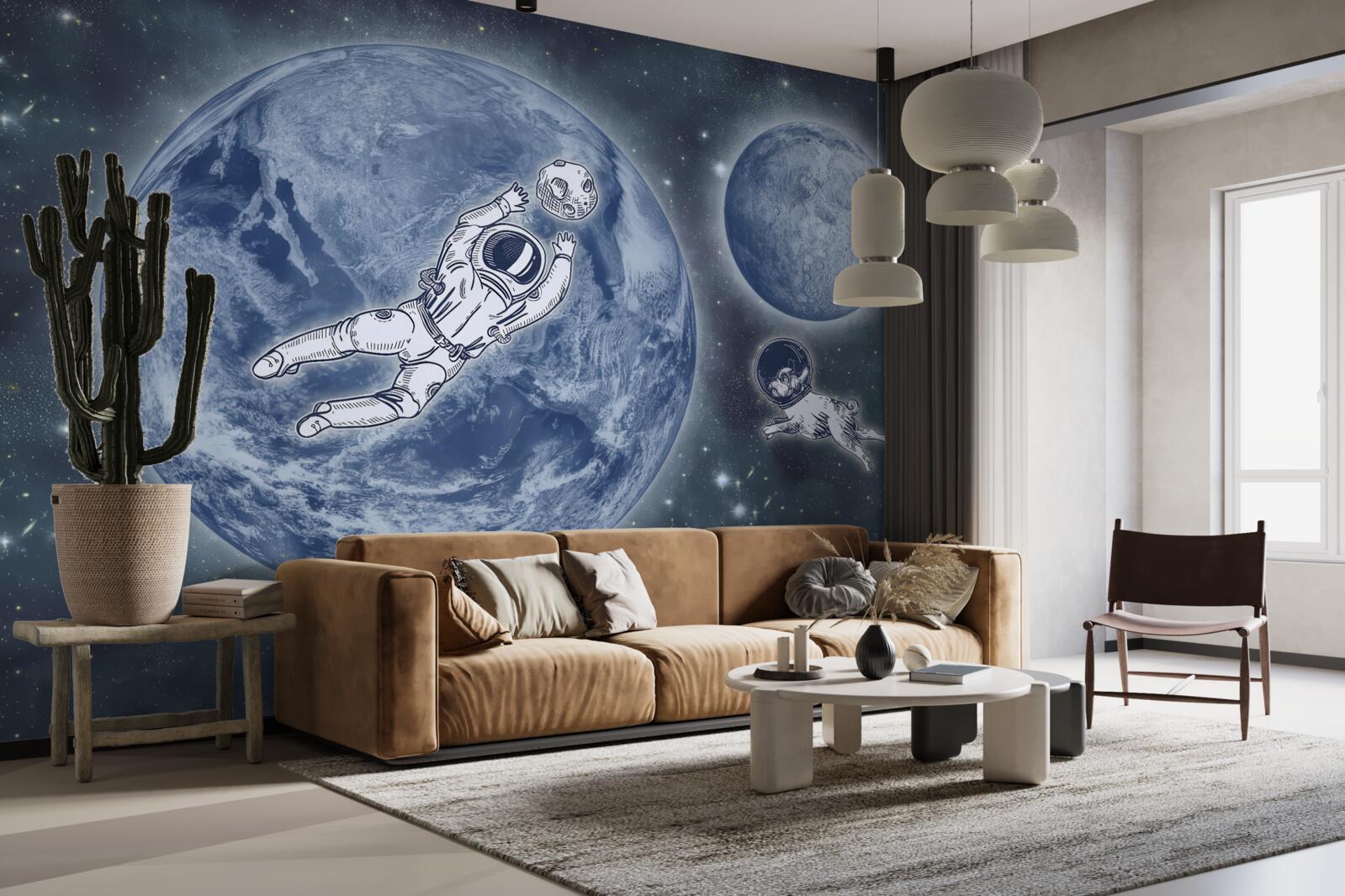 Fotobehang astronaut en hond vliegen de ruimte in