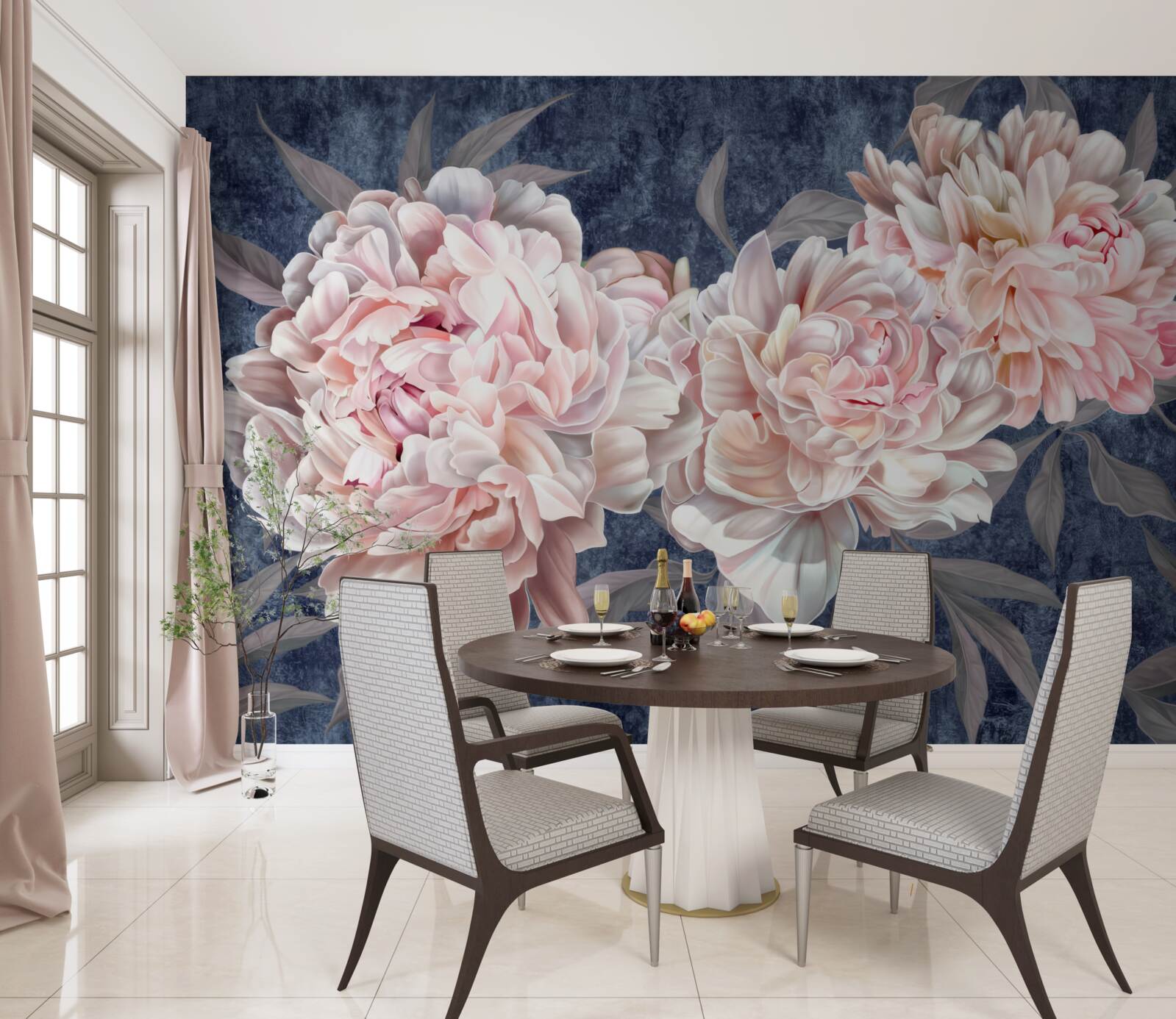 Fotobehang grote heldere pioenrozen op een donker oppervlak