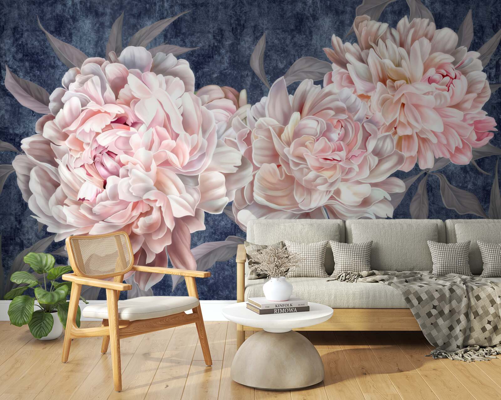 Fotobehang grote heldere pioenrozen op een donker oppervlak