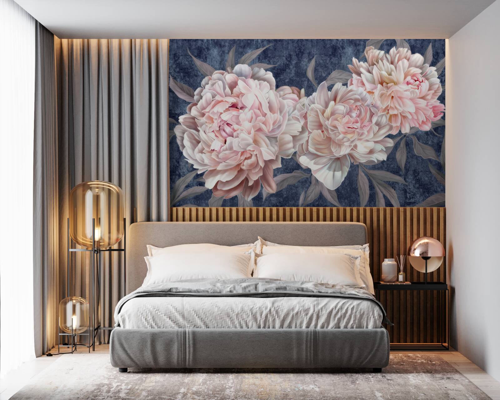 Fotobehang grote heldere pioenrozen op een donker oppervlak