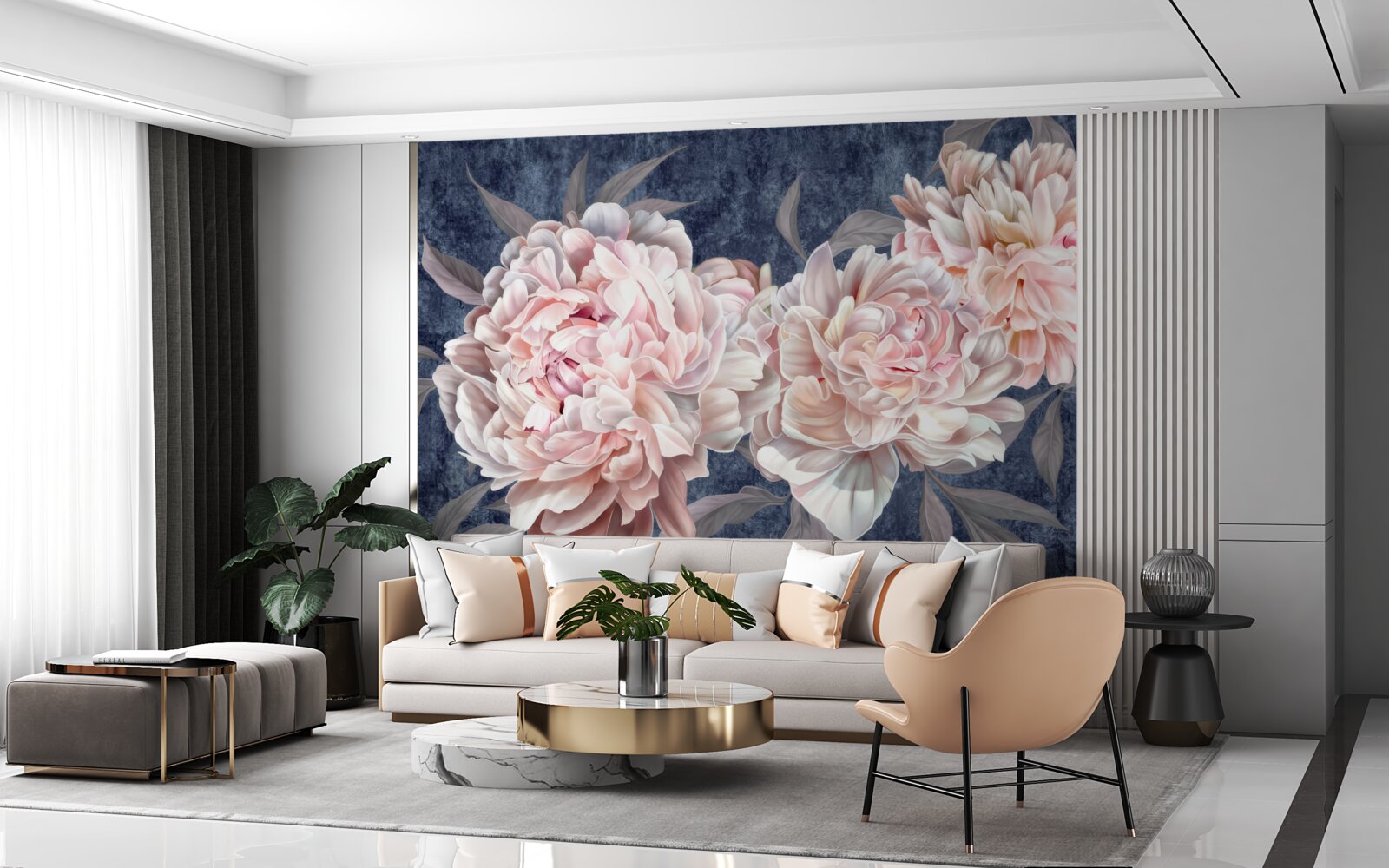 Fotobehang grote heldere pioenrozen op een donker oppervlak