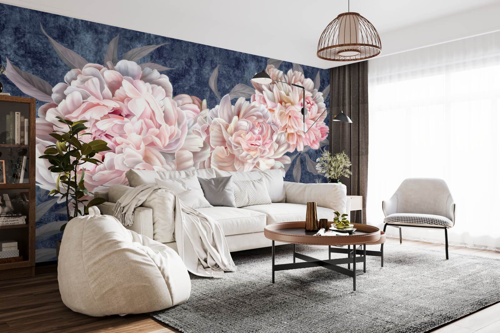 Fotobehang grote heldere pioenrozen op een donker oppervlak