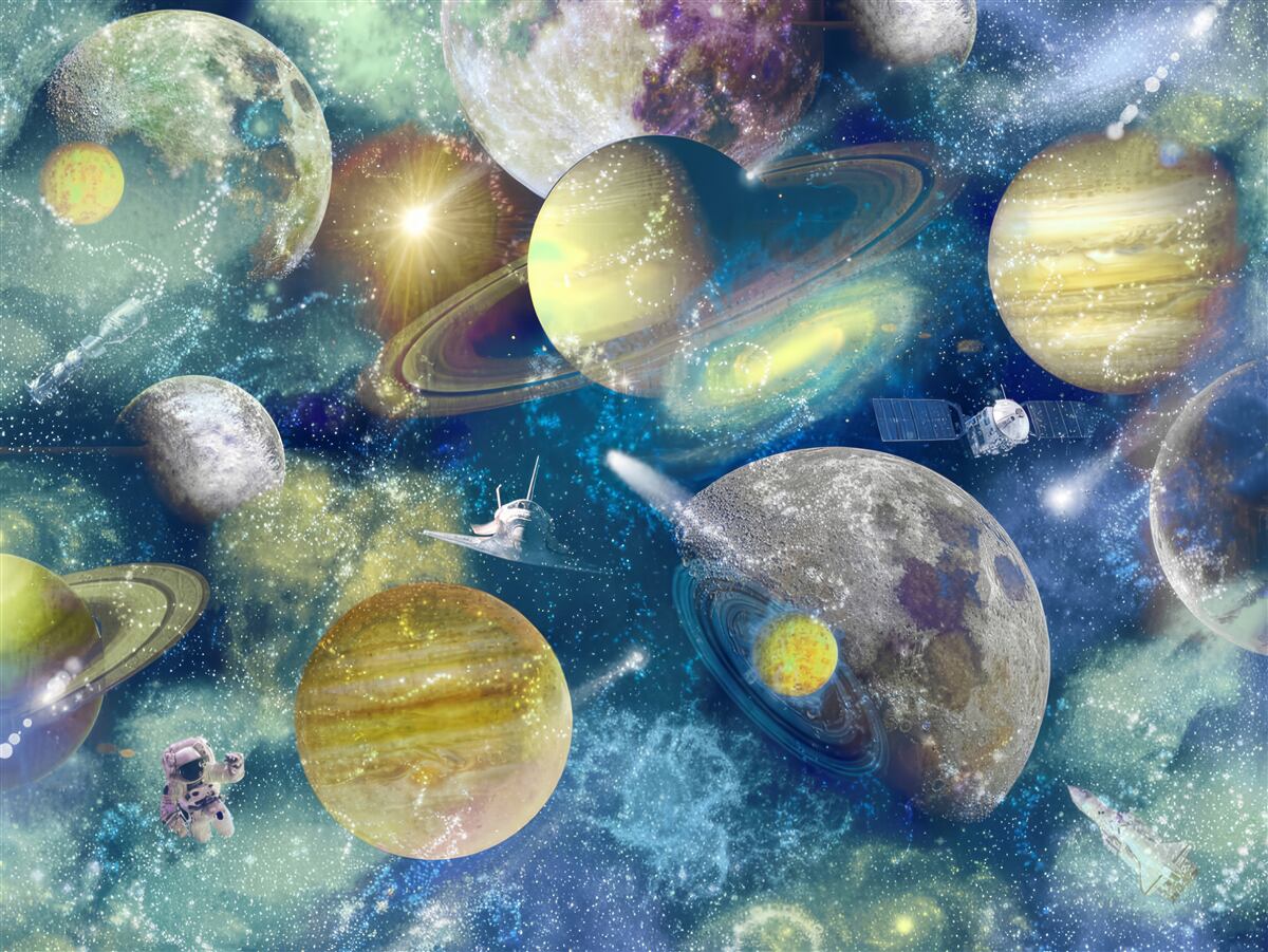 Fotobehang astronaut tegen een achtergrond van verschillende planeten in de ruimte