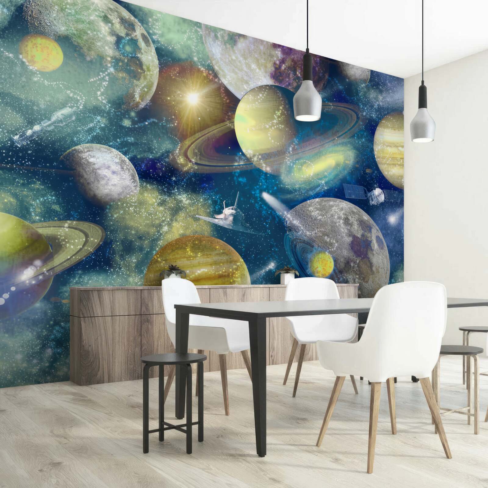 Fotobehang astronaut tegen een achtergrond van verschillende planeten in de ruimte