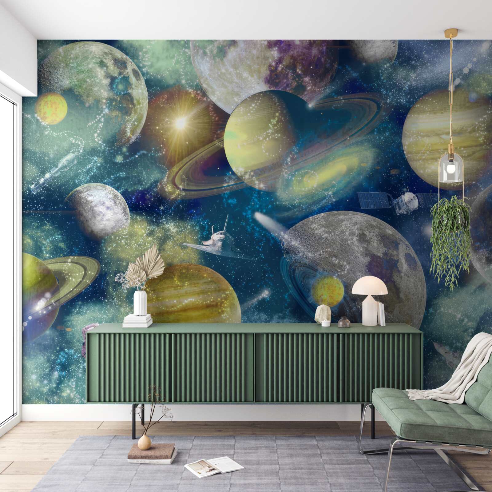 Fotobehang astronaut tegen een achtergrond van verschillende planeten in de ruimte