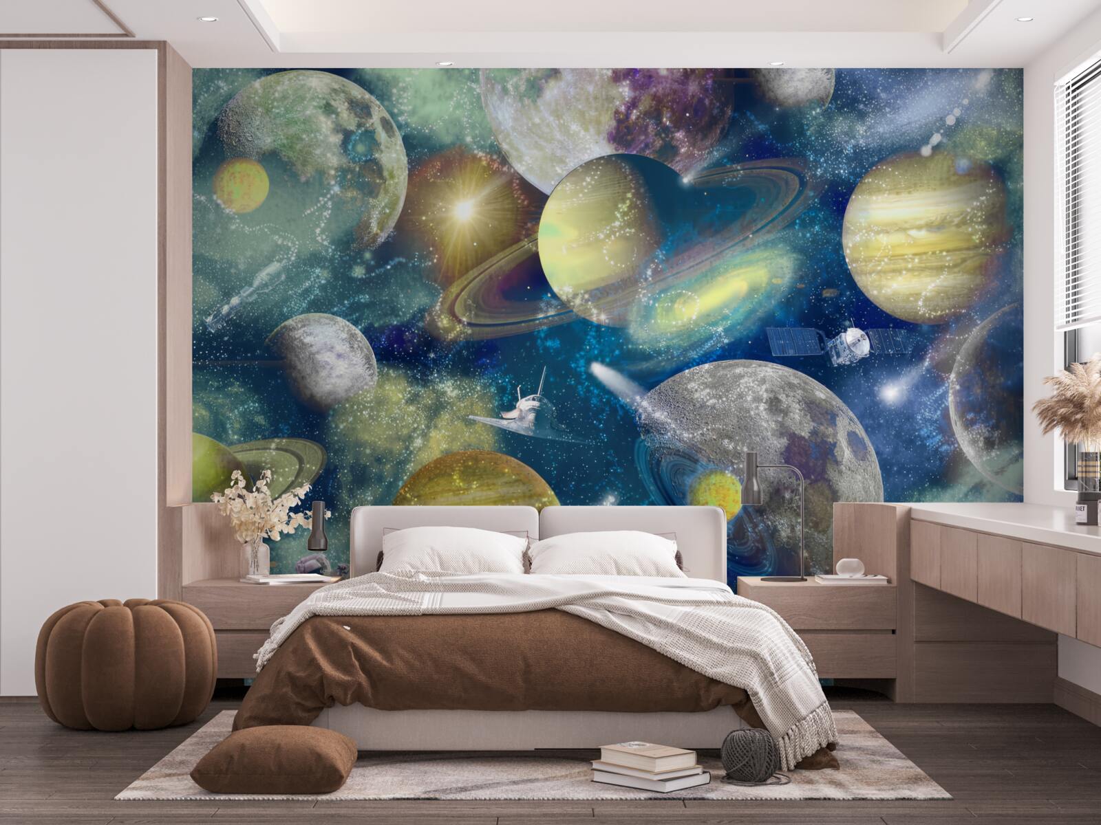 Fotobehang astronaut tegen een achtergrond van verschillende planeten in de ruimte