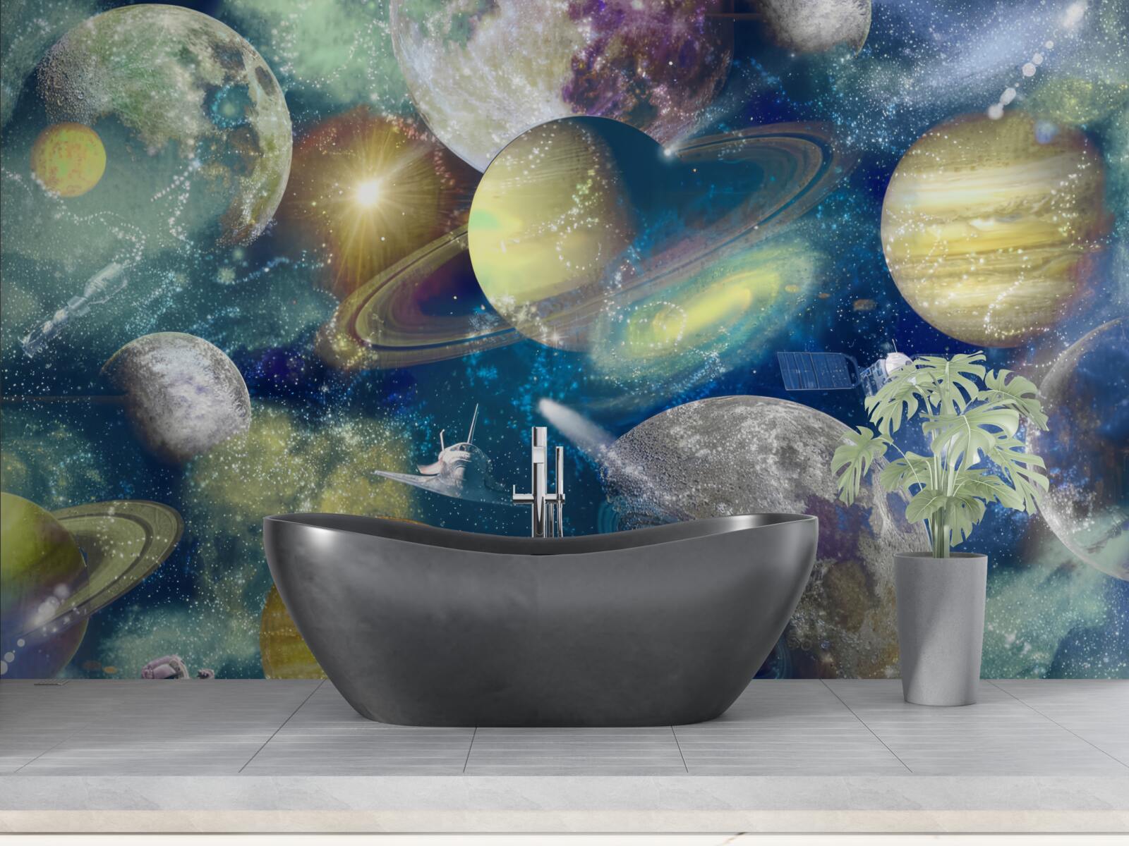 Fotobehang astronaut tegen een achtergrond van verschillende planeten in de ruimte