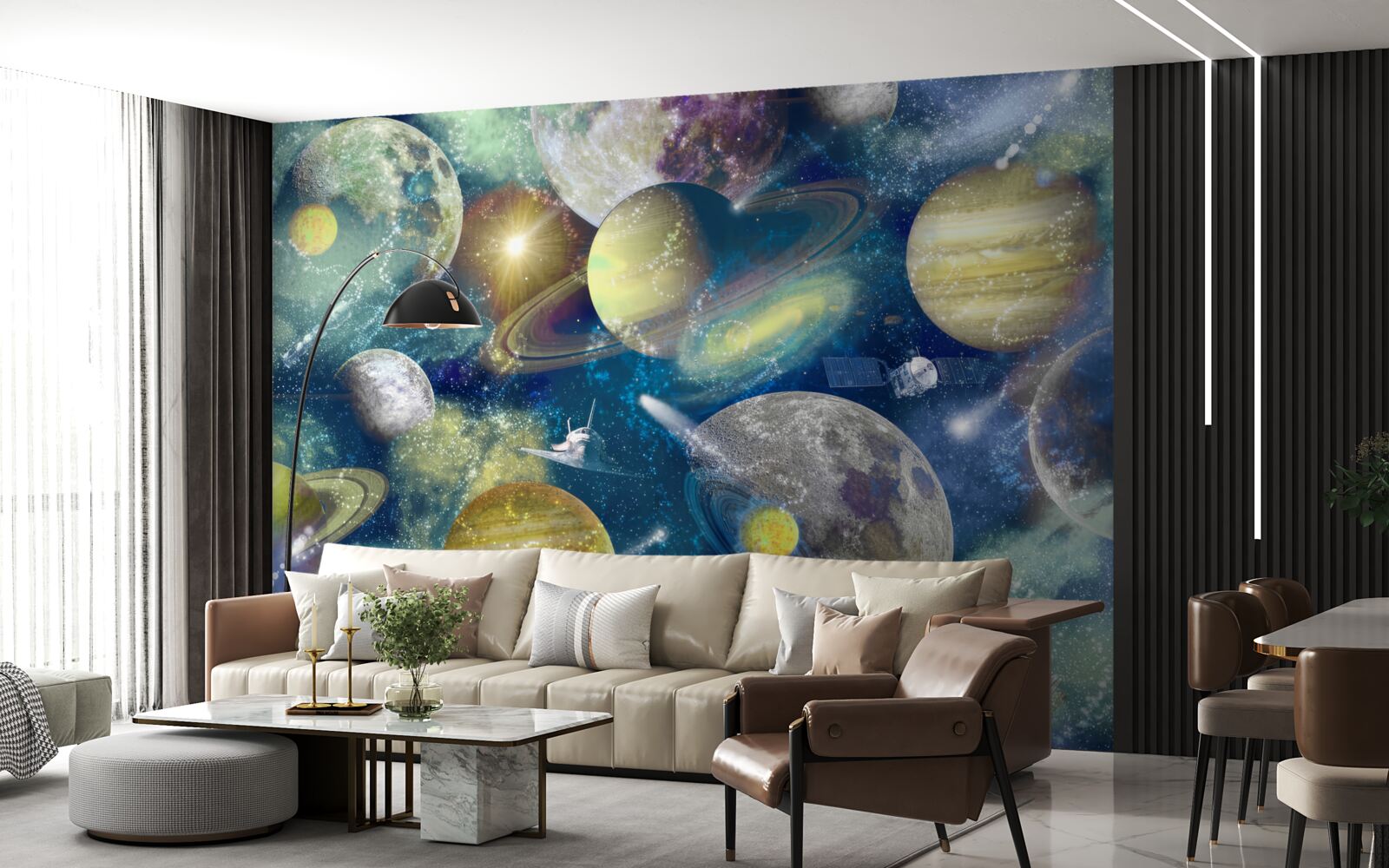 Fotobehang astronaut tegen een achtergrond van verschillende planeten in de ruimte