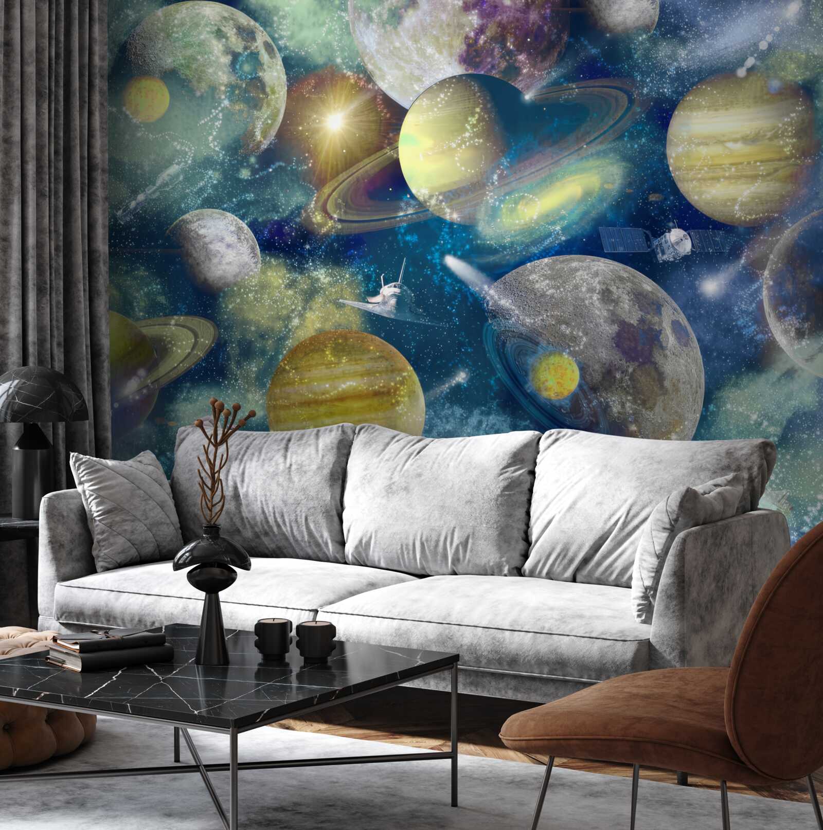 Fotobehang astronaut tegen een achtergrond van verschillende planeten in de ruimte