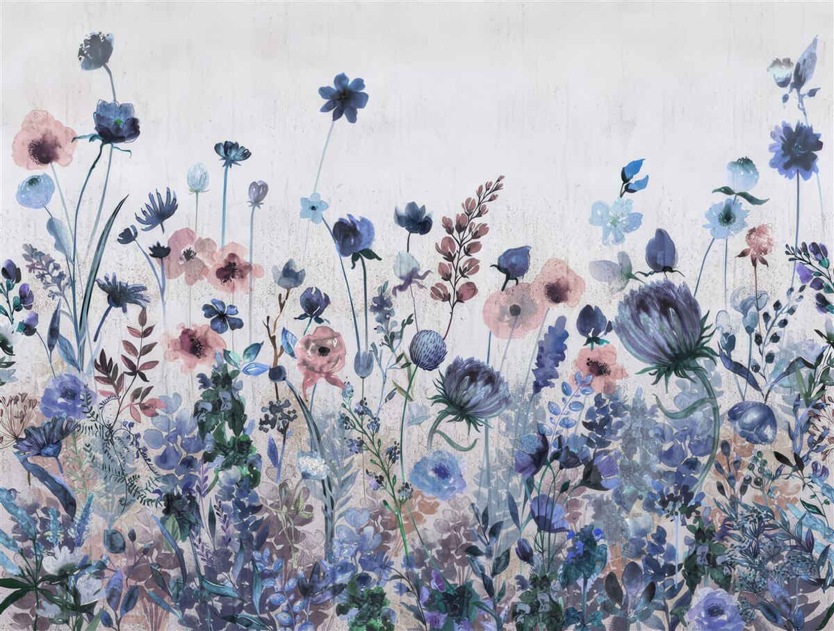 Fotobehang planten en bloemen in blauwe en roze tinten