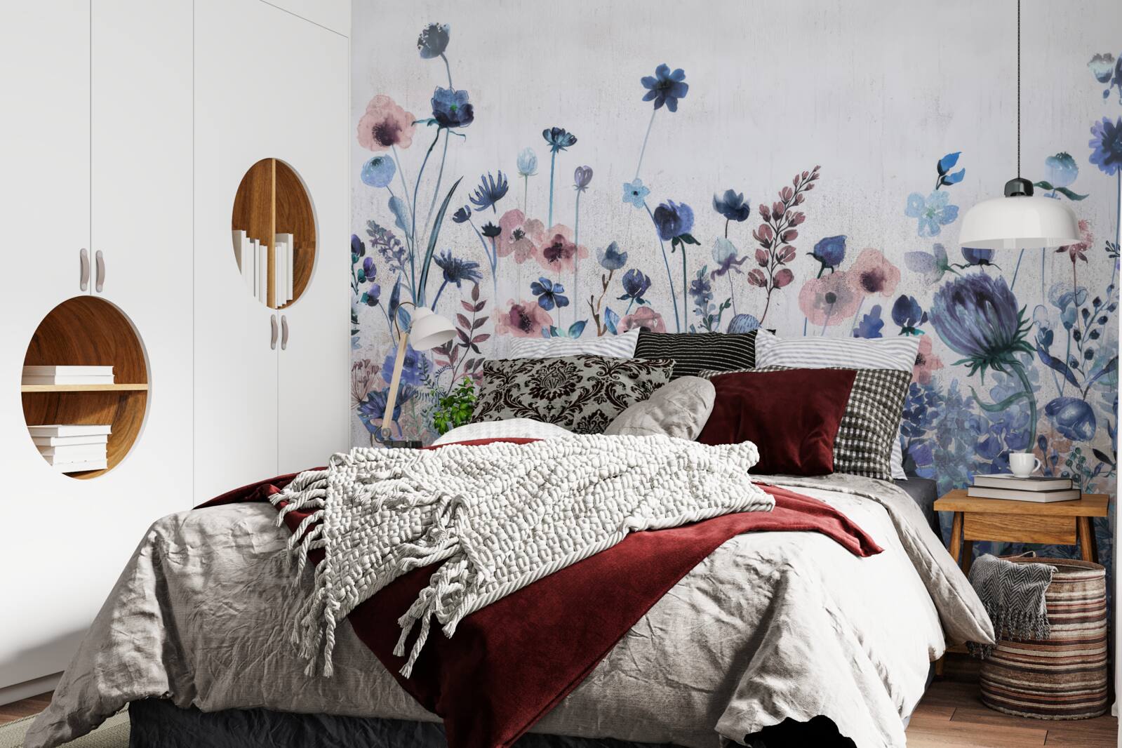 Fotobehang planten en bloemen in blauwe en roze tinten