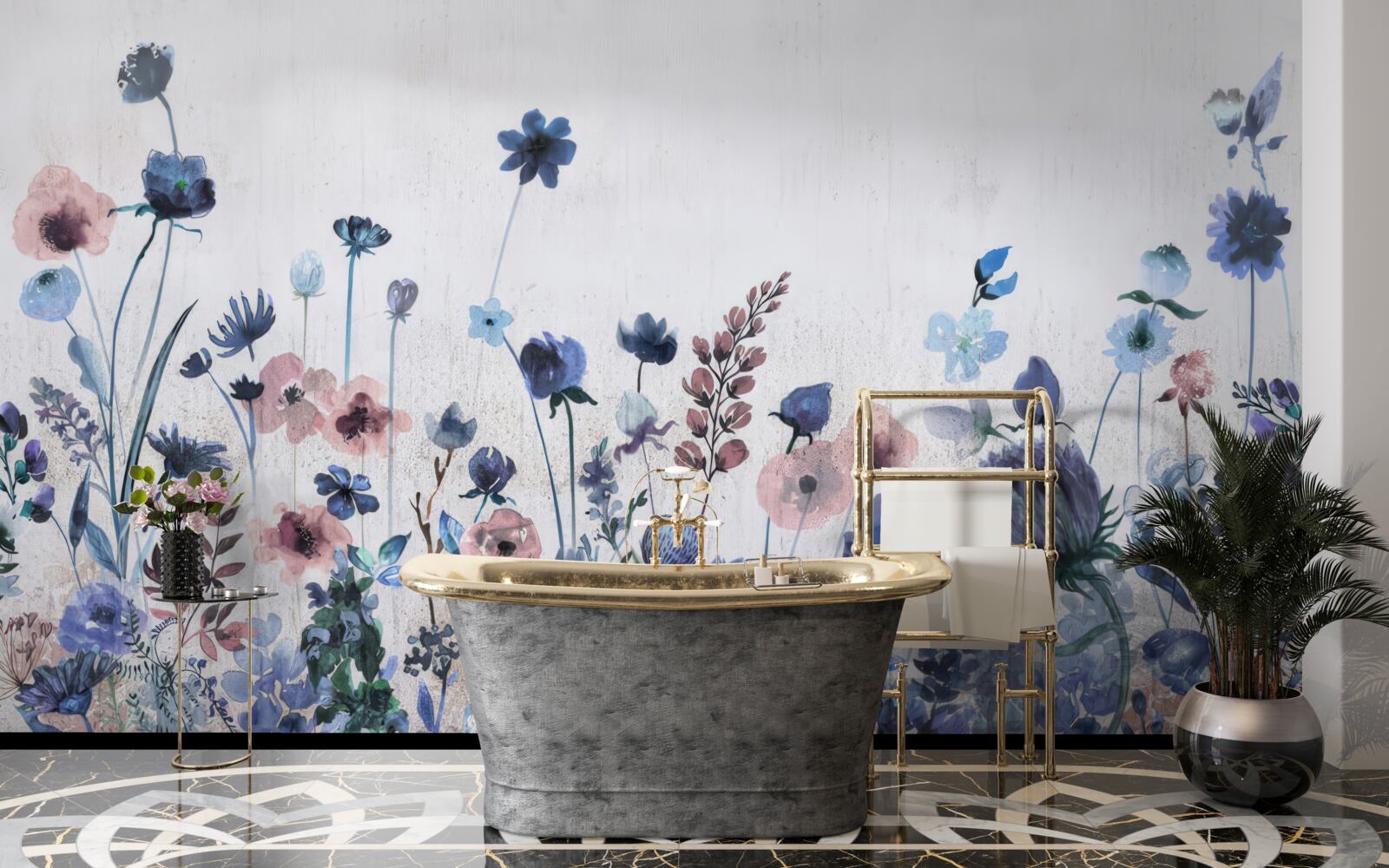 Fotobehang planten en bloemen in blauwe en roze tinten