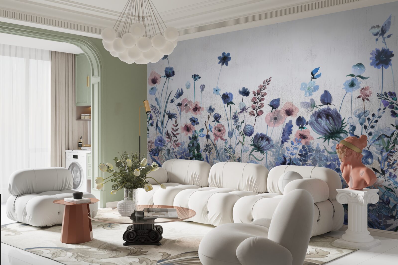 Fotobehang planten en bloemen in blauwe en roze tinten