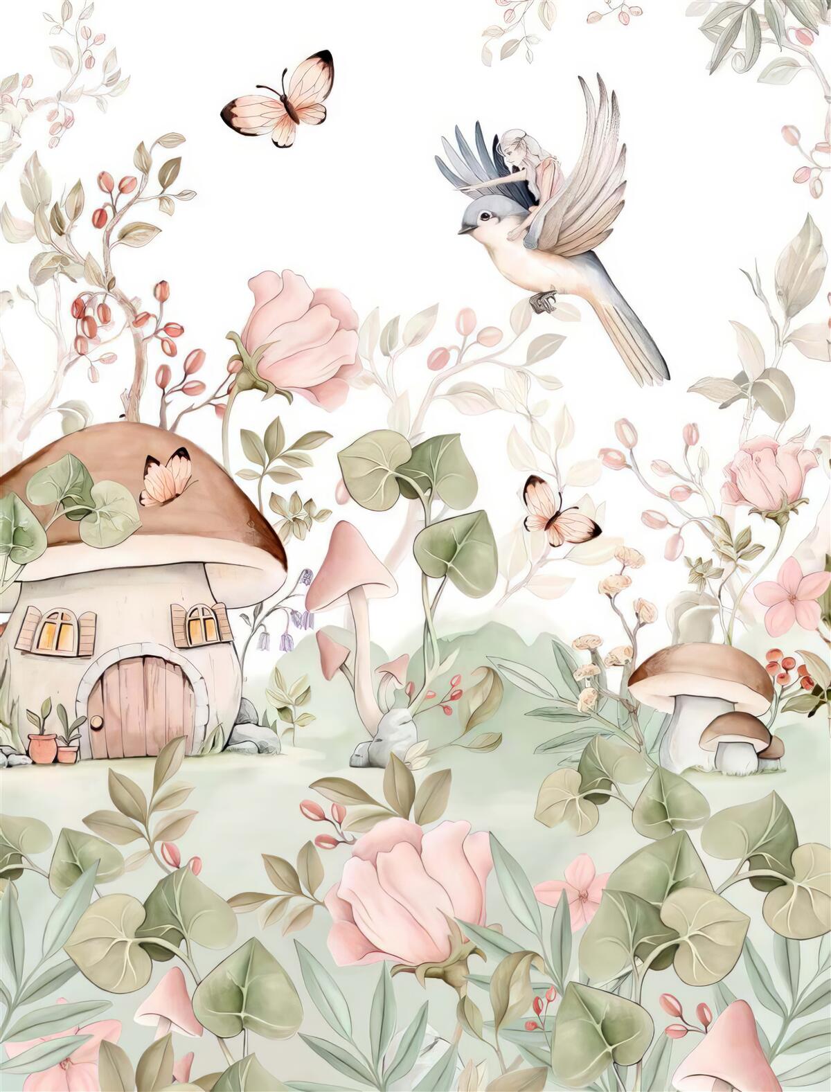 Fotobehang meisje zittend op vogel wijst met vinger naar huis