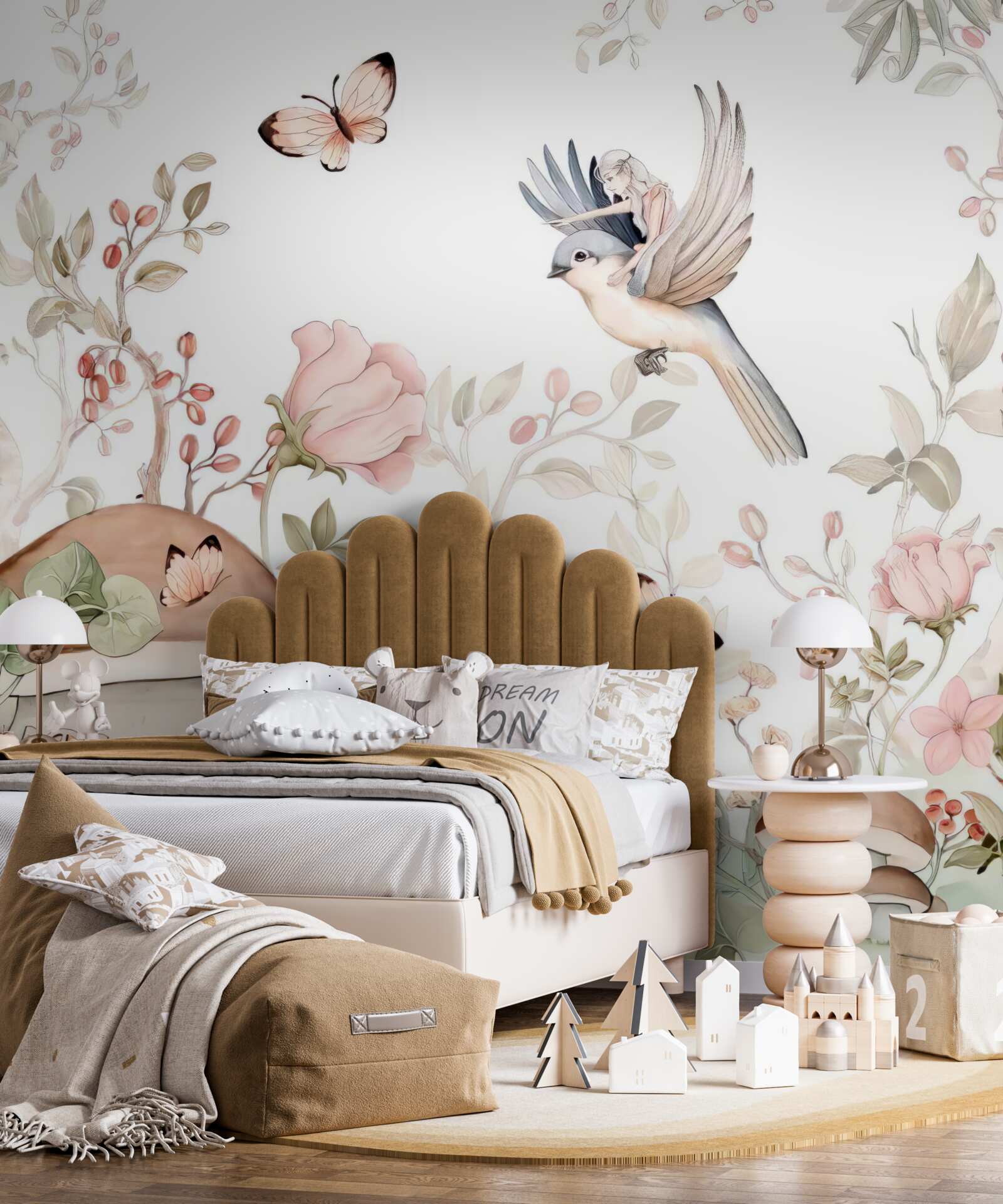 Fotobehang meisje zittend op vogel wijst met vinger naar huis