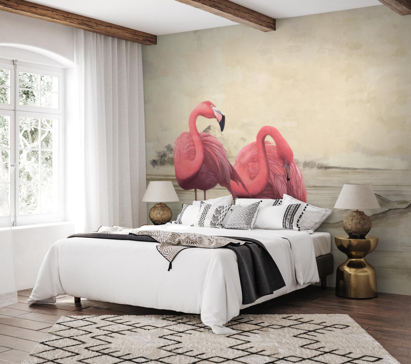 Fotobehang een paar felroze flamingo's