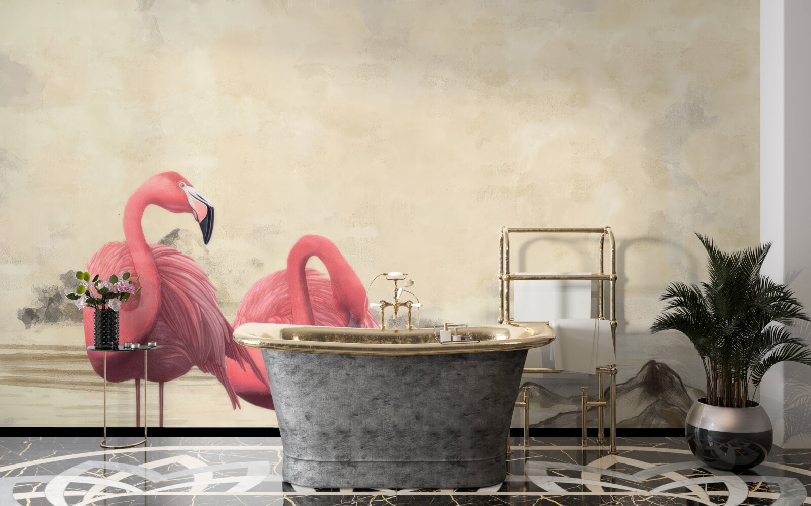 Fotobehang een paar felroze flamingo's