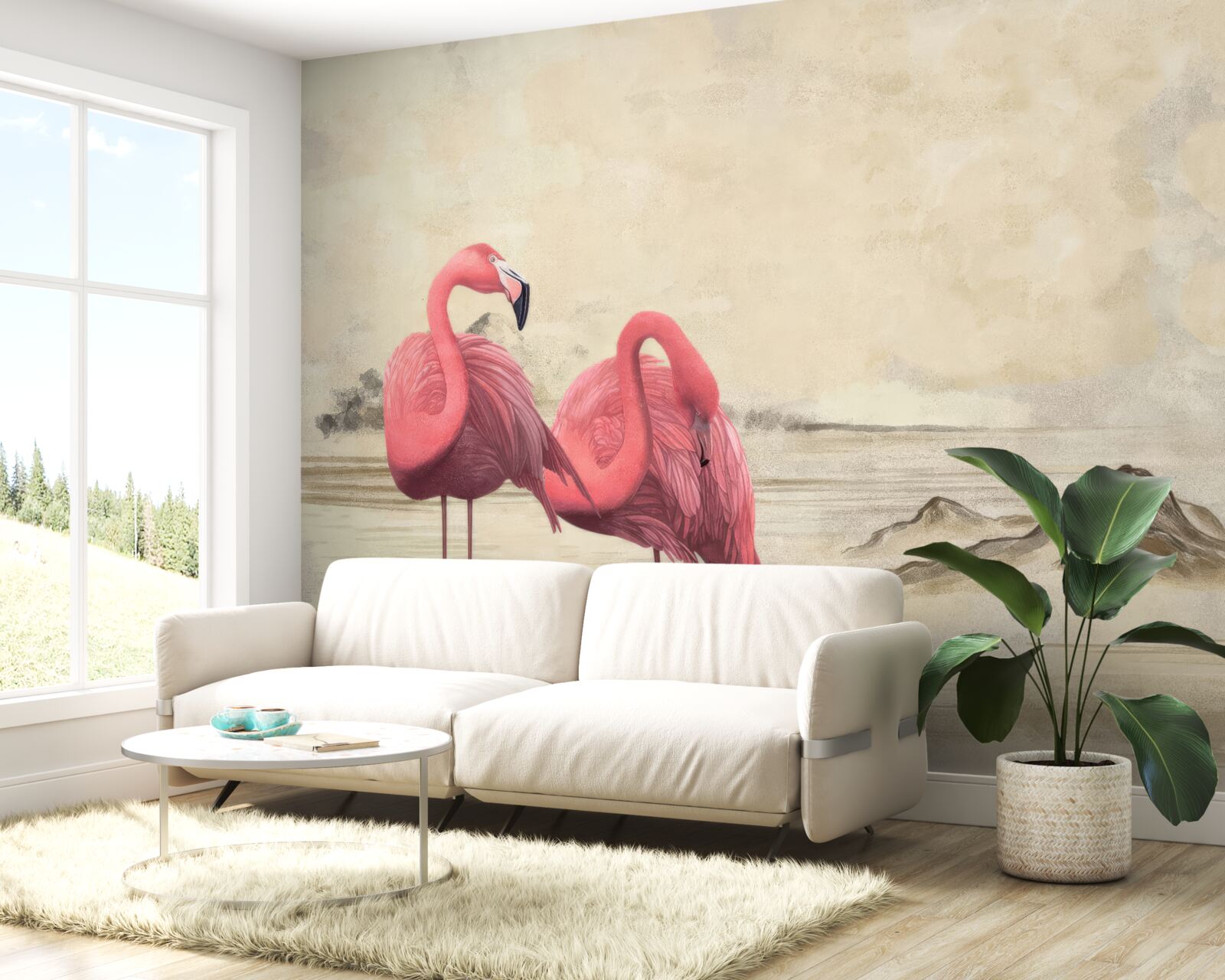 Fotobehang een paar felroze flamingo's