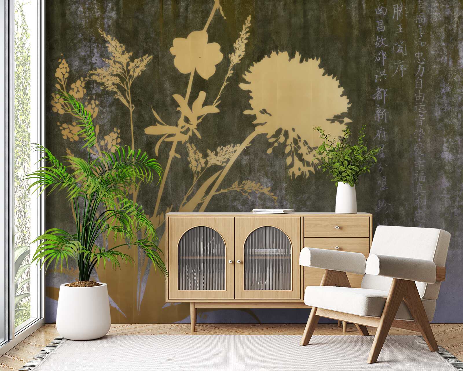 Fotobehang achtergrond met afbeeldingen van hiërogliefen en planten