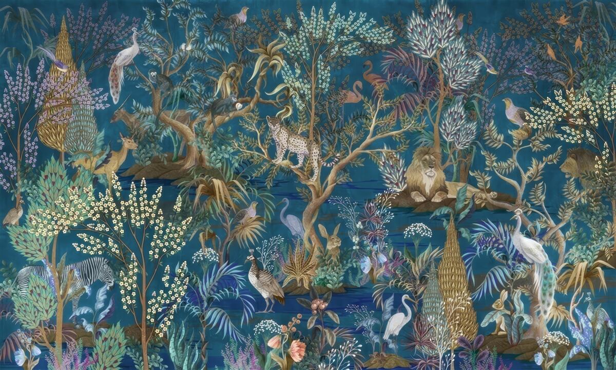 Fotobehang donkere achtergrond met afbeeldingen van planten en dieren